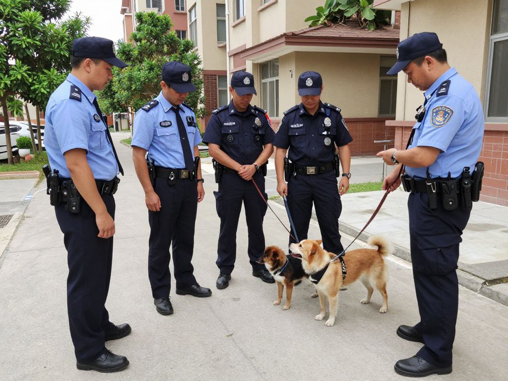 Law enforcement and animal control officers collaborating in a residential area.
