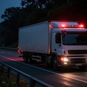 Nighttime scene of a stopped truck on a highway with emergency lights