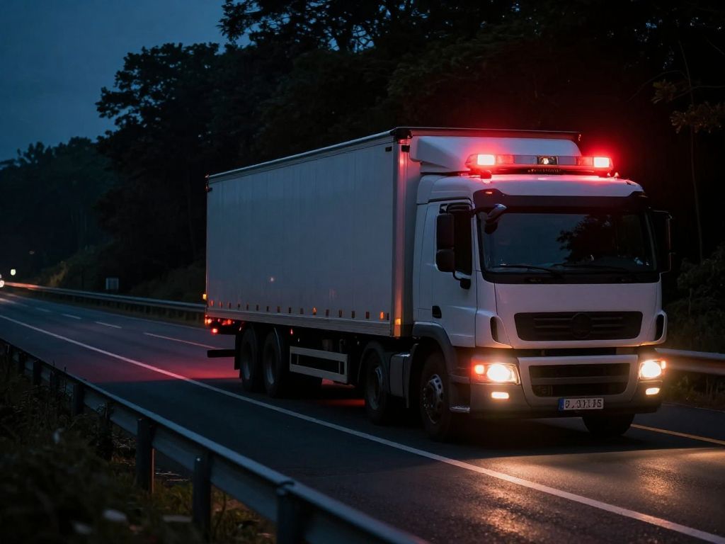 Nighttime scene of a stopped truck on a highway with emergency lights