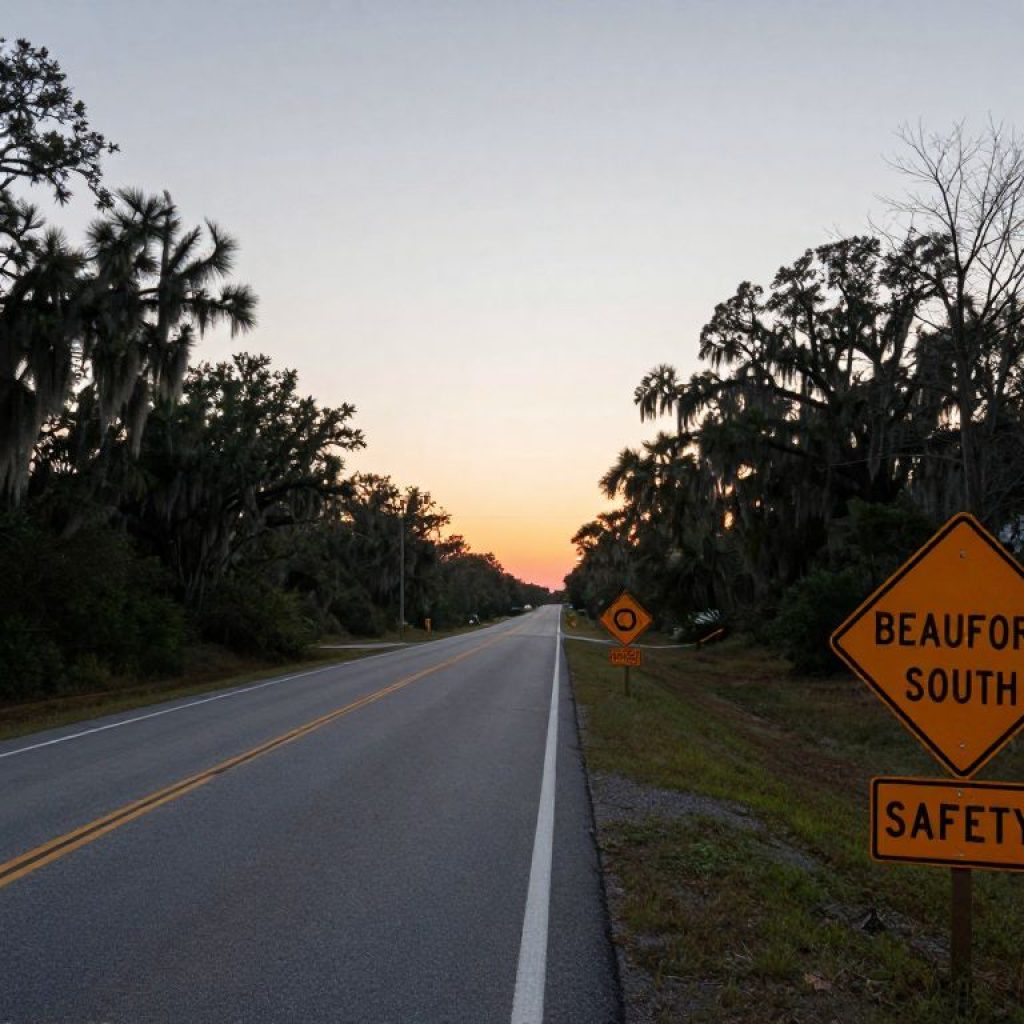 Somber road scene in Beaufort County with caution signs