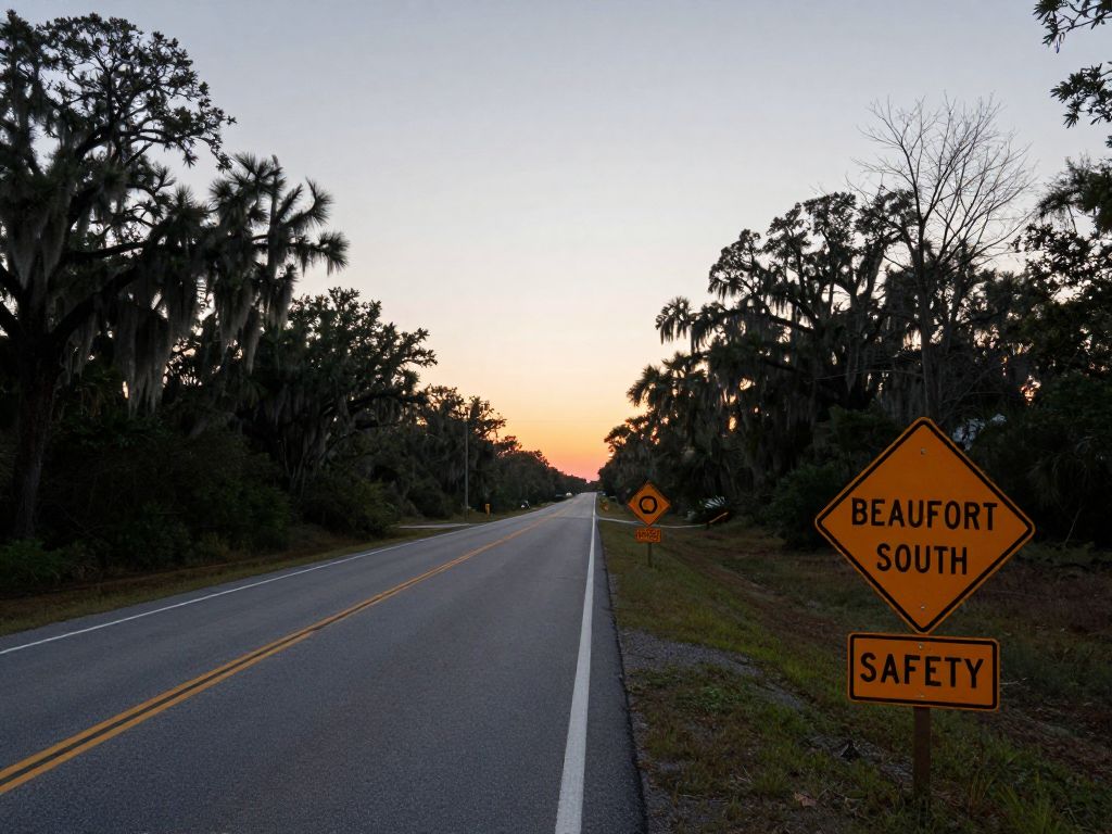 Somber road scene in Beaufort County with caution signs