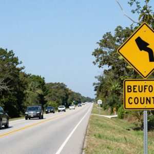 Empty road in Beaufort County with safety signs