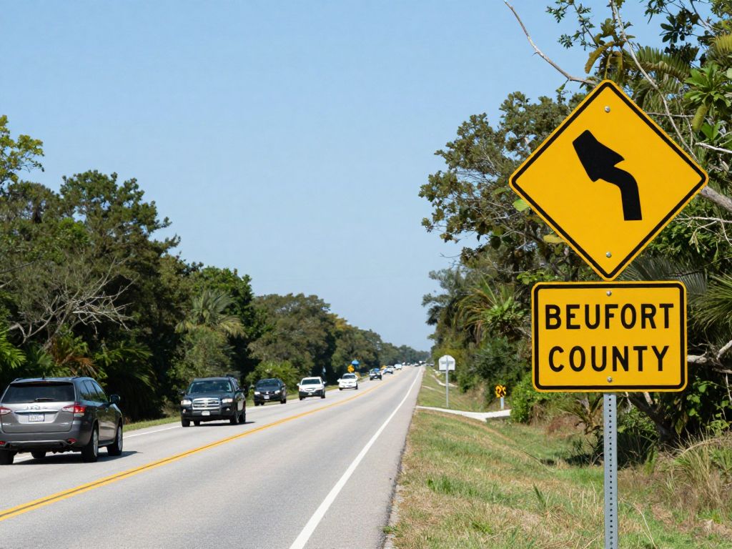 Empty road in Beaufort County with safety signs