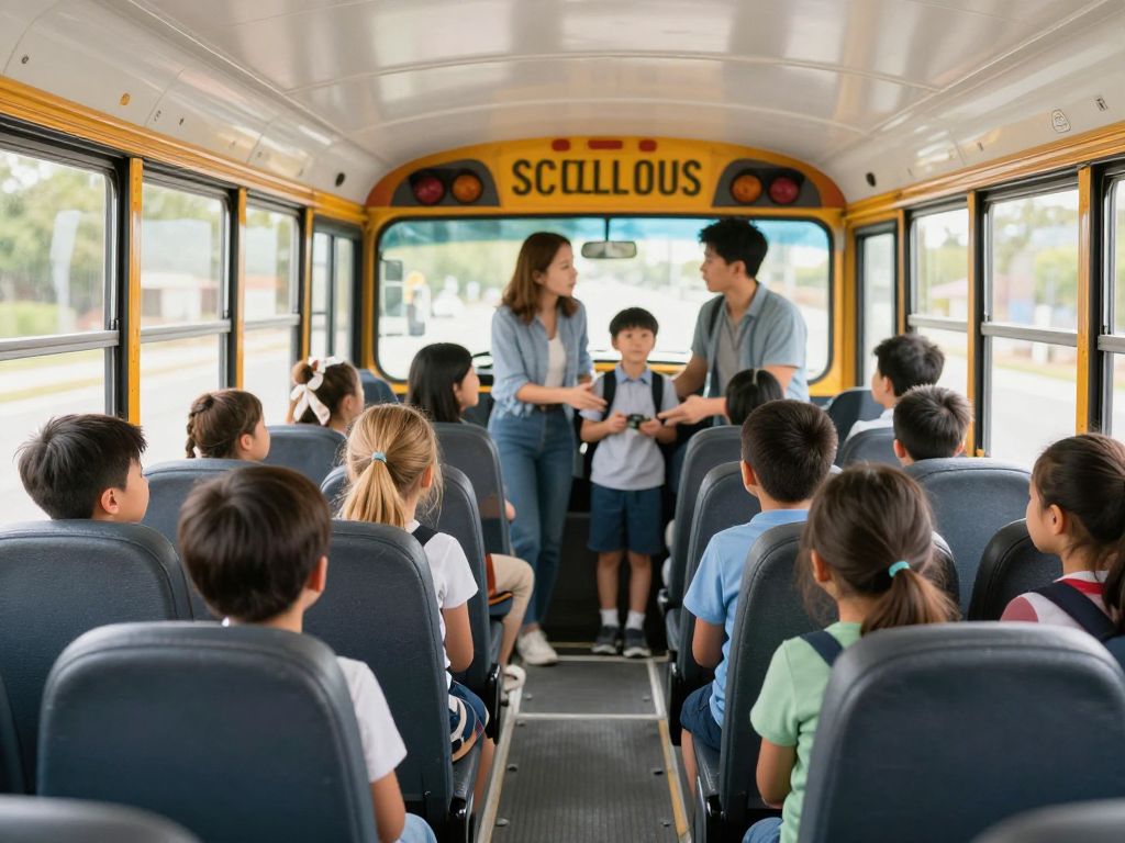 Students inside a school bus discussing safety issues