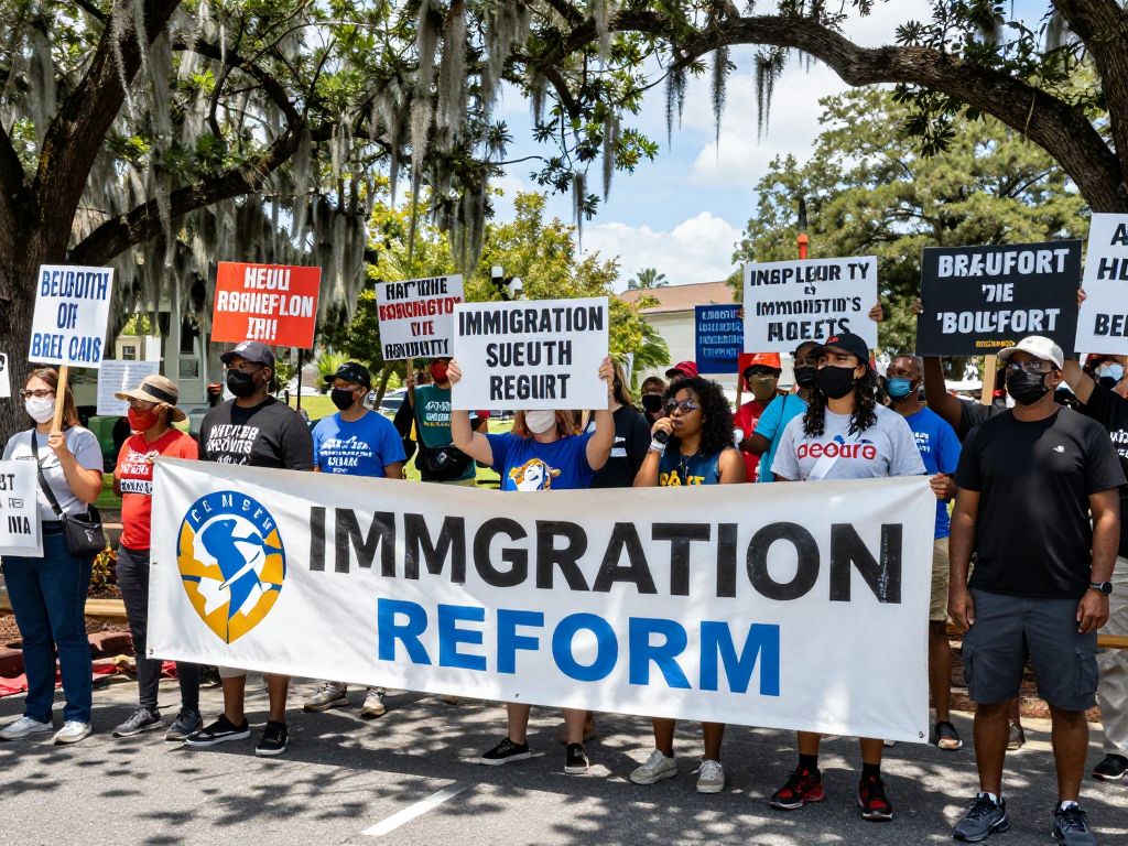 Protesters holding signs advocating against ICE policies in Beaufort, SC.