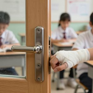 Classroom door with focus on injury representation