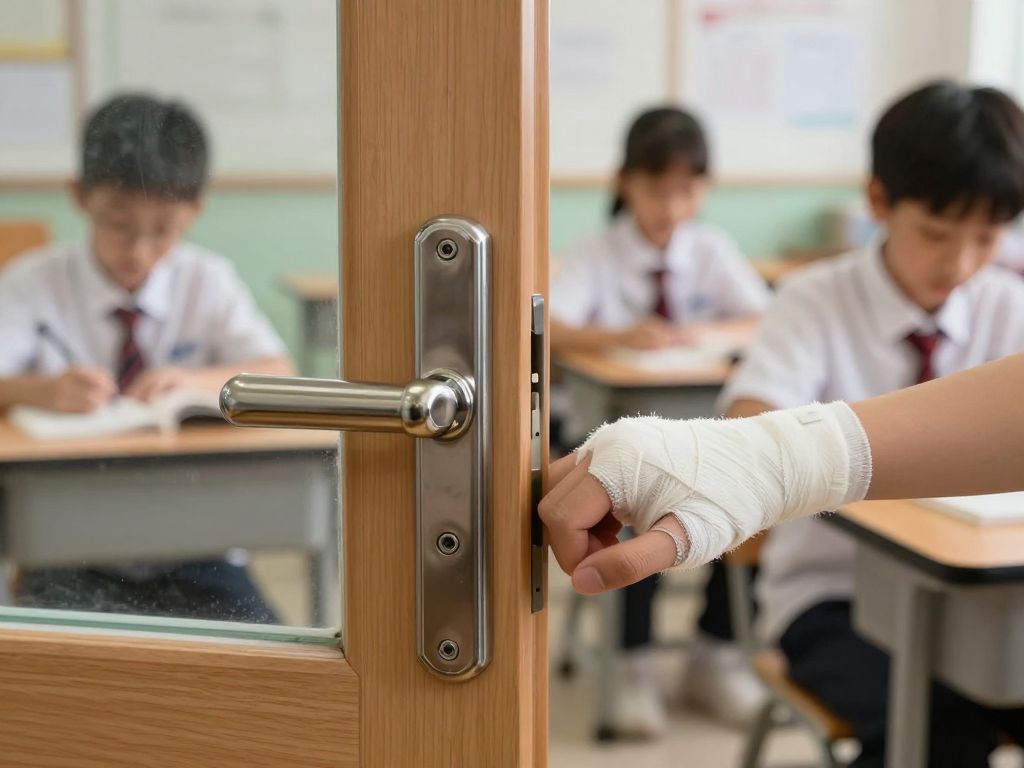 Classroom door with focus on injury representation
