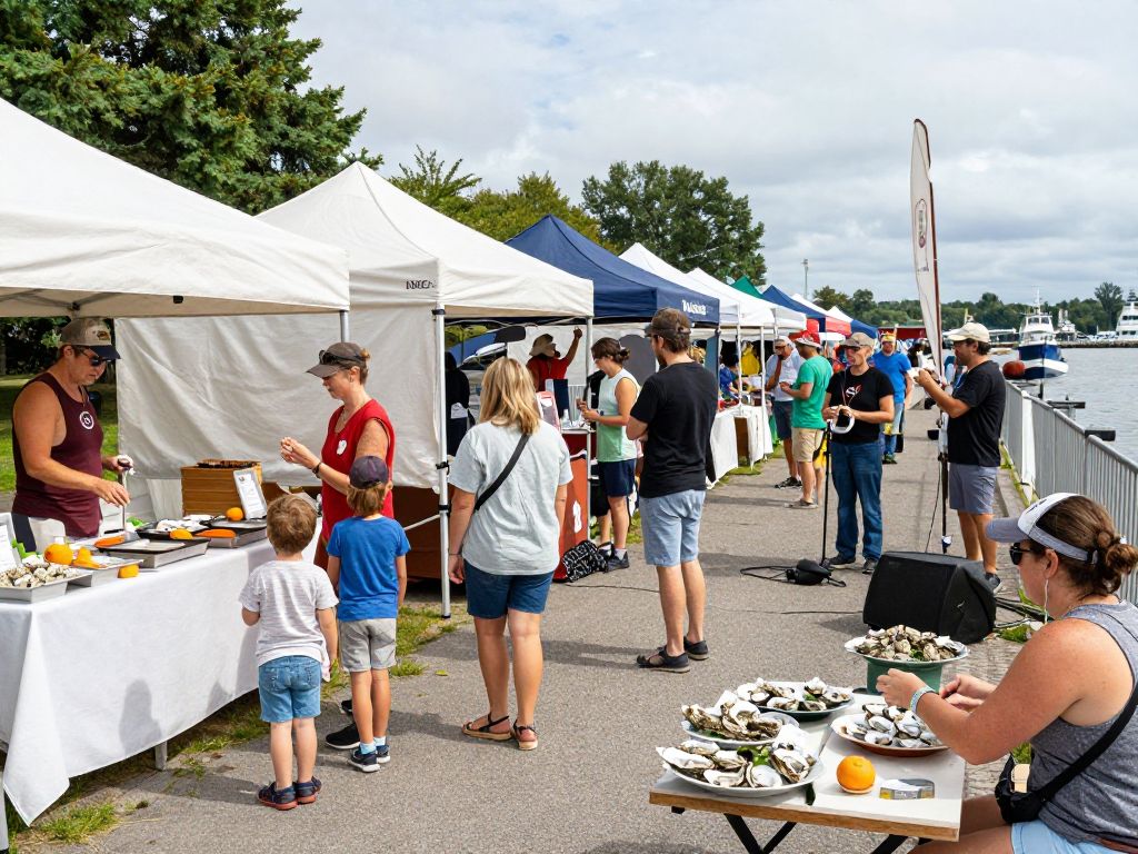 Families enjoying food and festivities during the Beaufort Oyster Festival