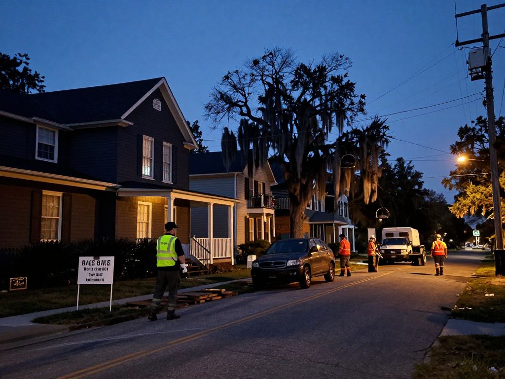 Darkened street in Beaufort, North Carolina during power outage