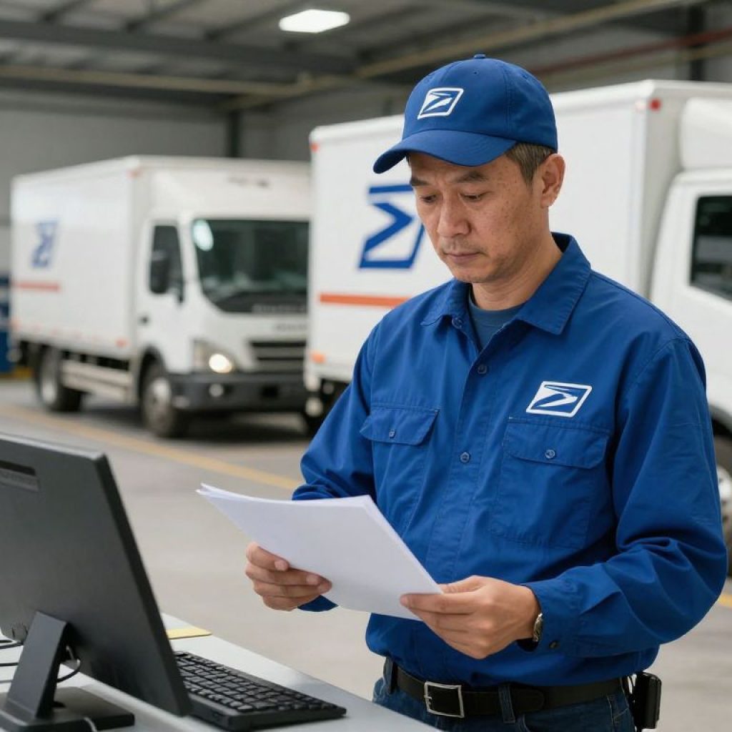 A postal service truck in a secure facility representing integrity and trust.