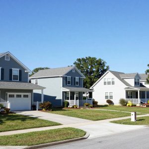 A serene Bluffton neighborhood with houses representing community safety.