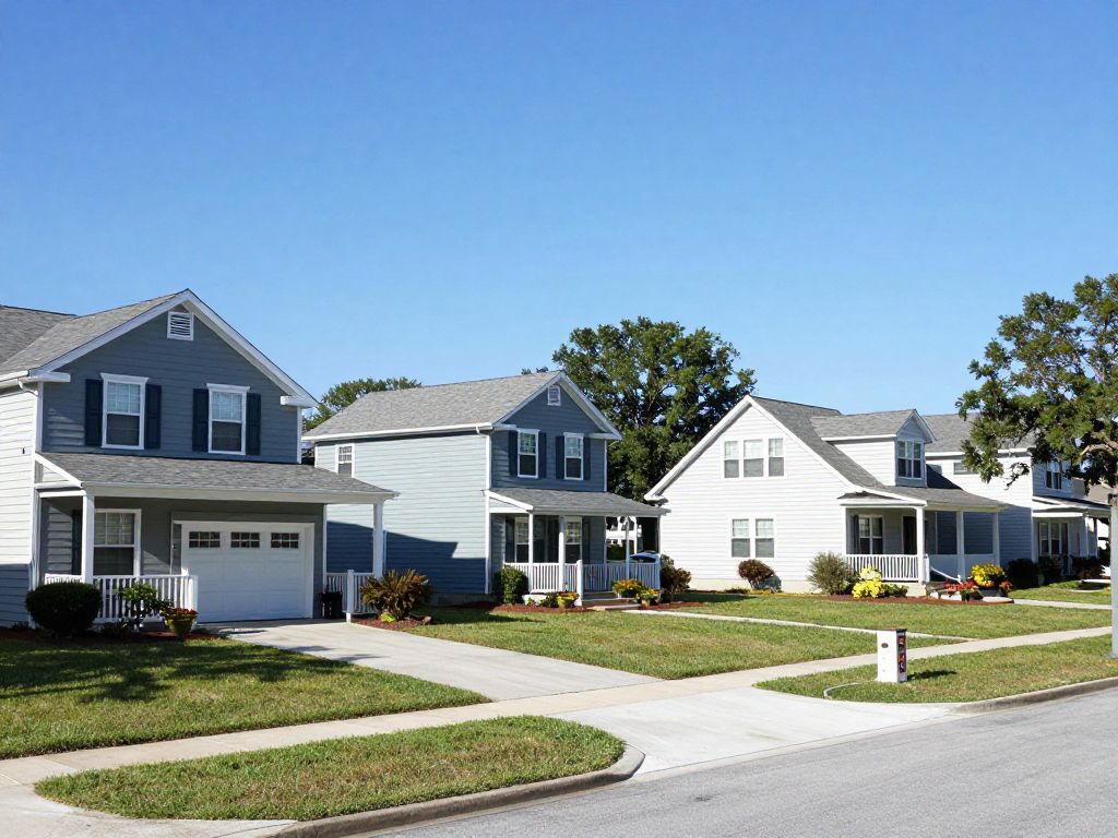 A serene Bluffton neighborhood with houses representing community safety.