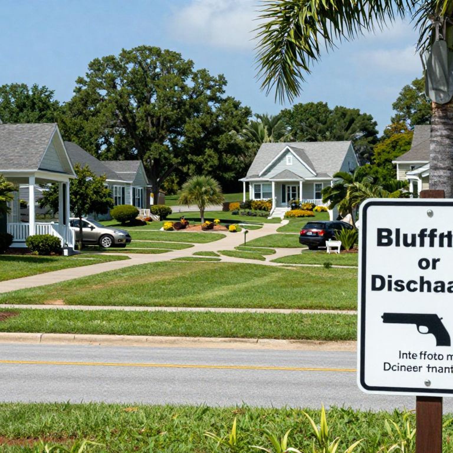 View of homes in Bluffton with safety regulation signs