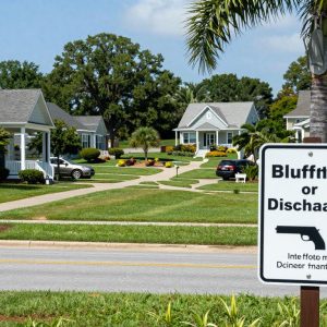 View of homes in Bluffton with safety regulation signs