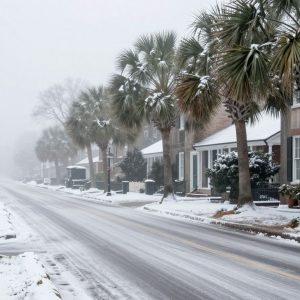Icy roads and fog in Charleston, South Carolina during winter weather.