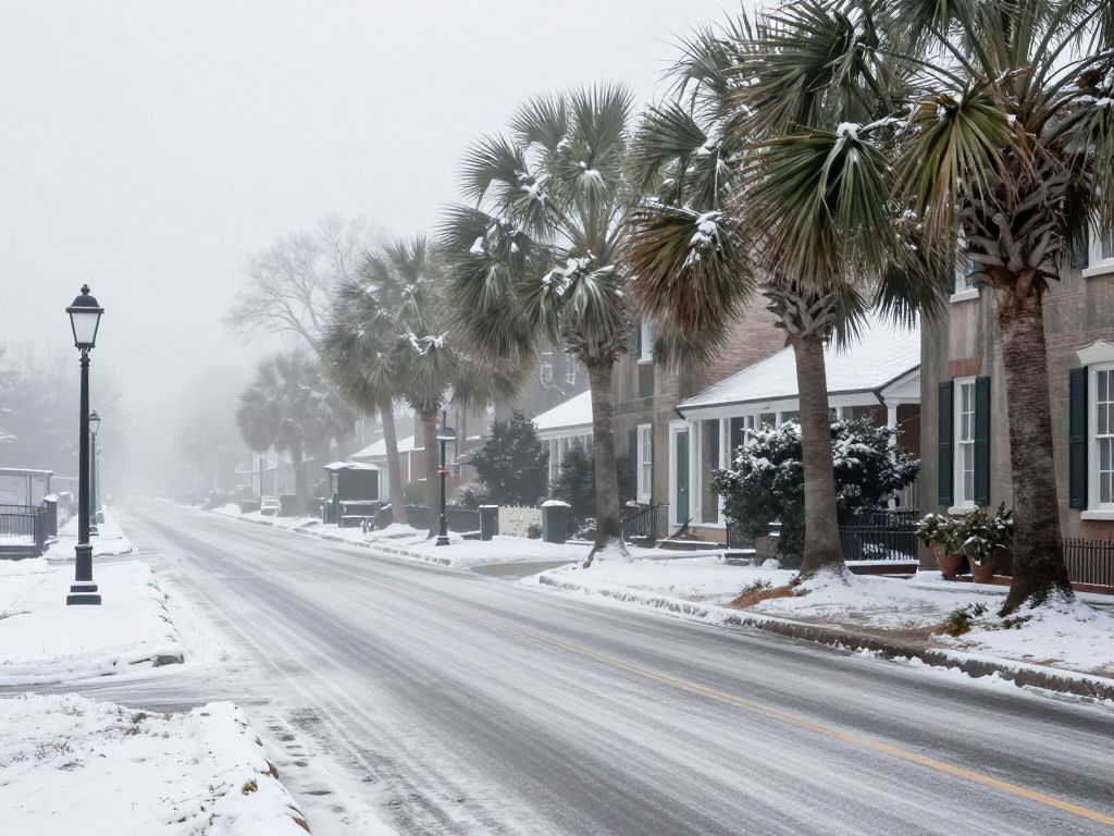 Icy roads and fog in Charleston, South Carolina during winter weather.