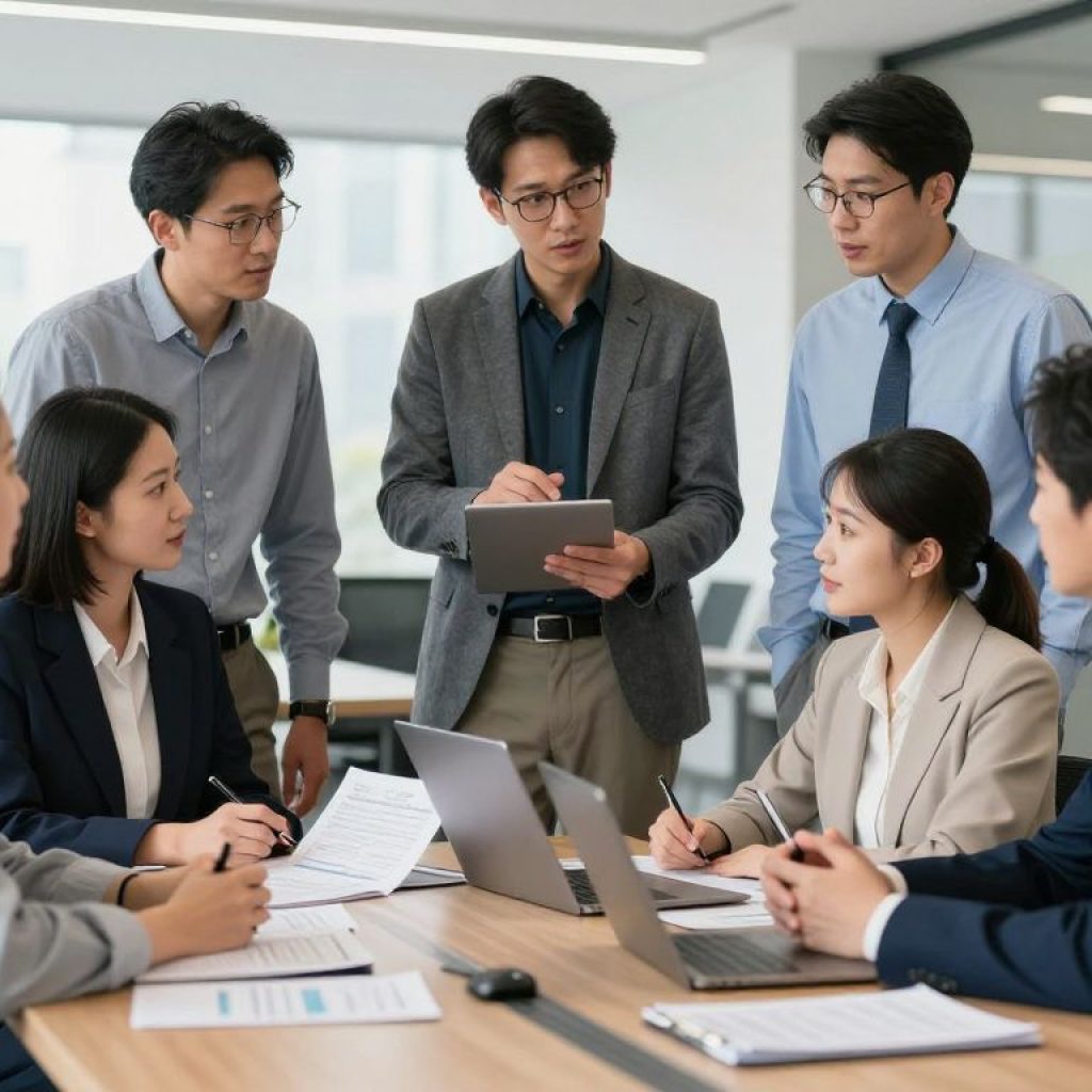 Entrepreneurs collaborating on business insights in a modern office setting.