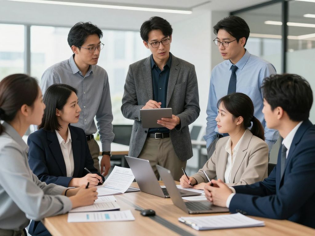 Entrepreneurs collaborating on business insights in a modern office setting.