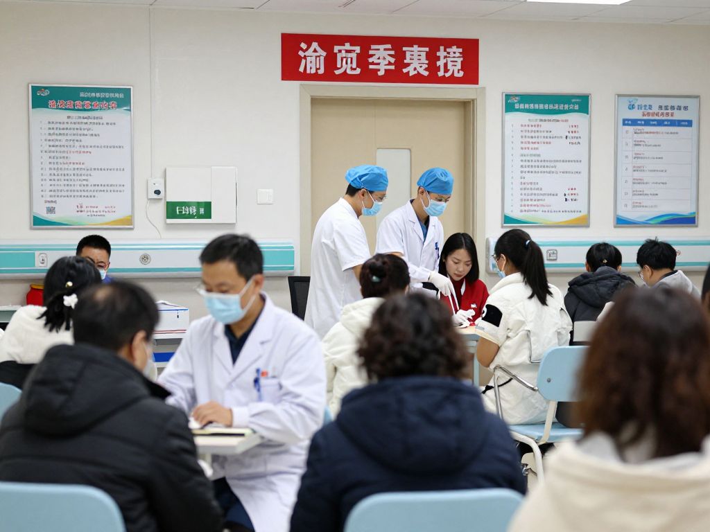 Medical staff attending to flu patients in a busy hospital setting