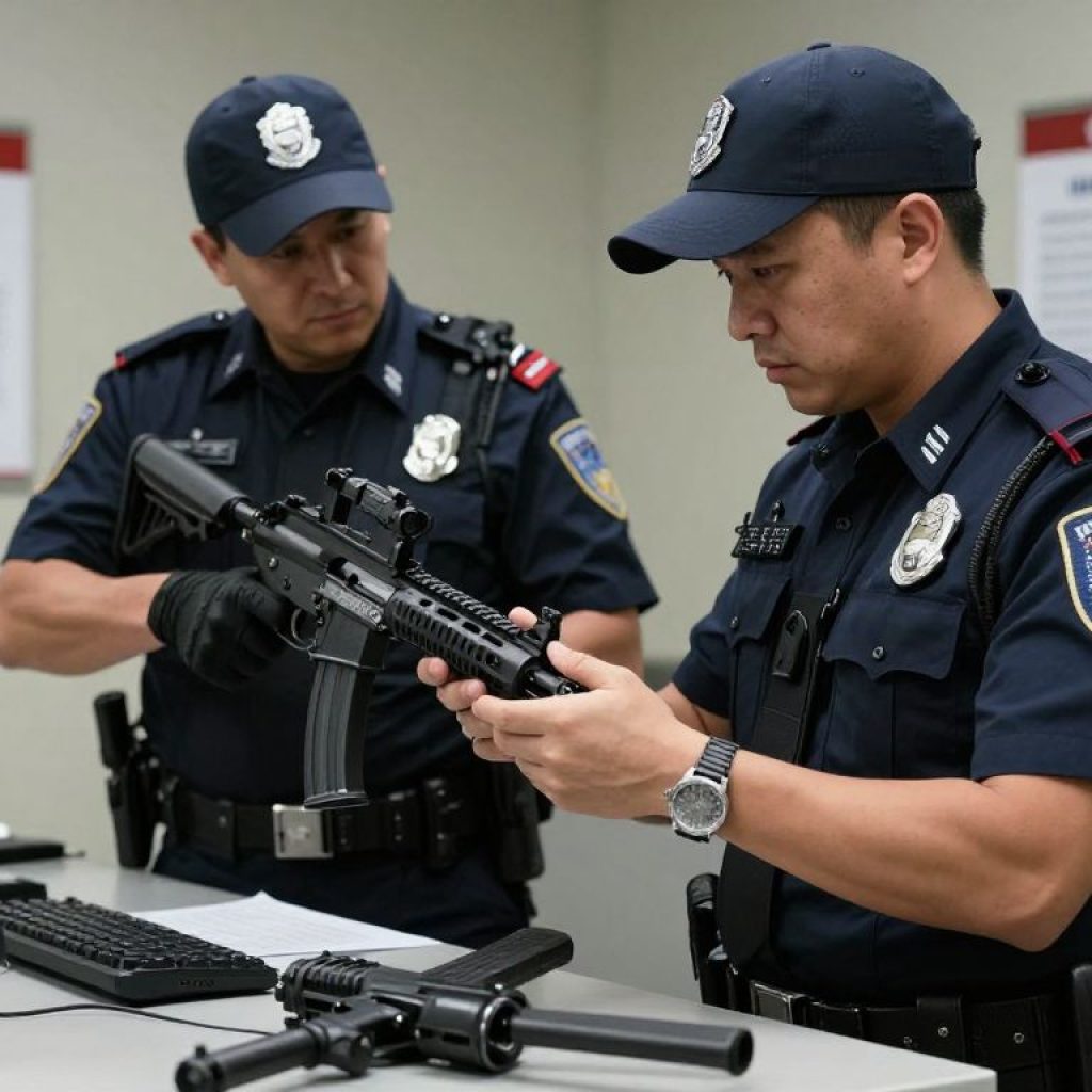 Law enforcement inspecting modified firearms in an evidence room