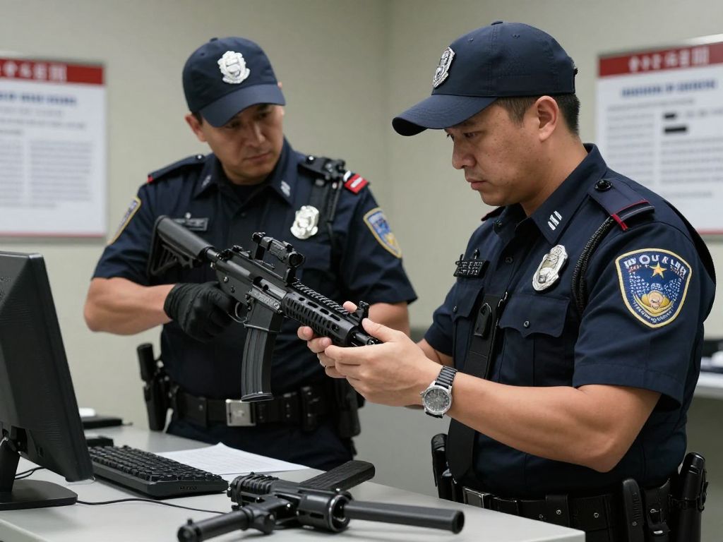 Law enforcement inspecting modified firearms in an evidence room