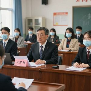 Scene from a courtroom depicting legal proceedings related to a school lawsuit.