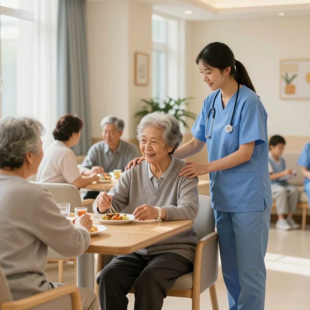 A peaceful nursing home with residents participating in activities.