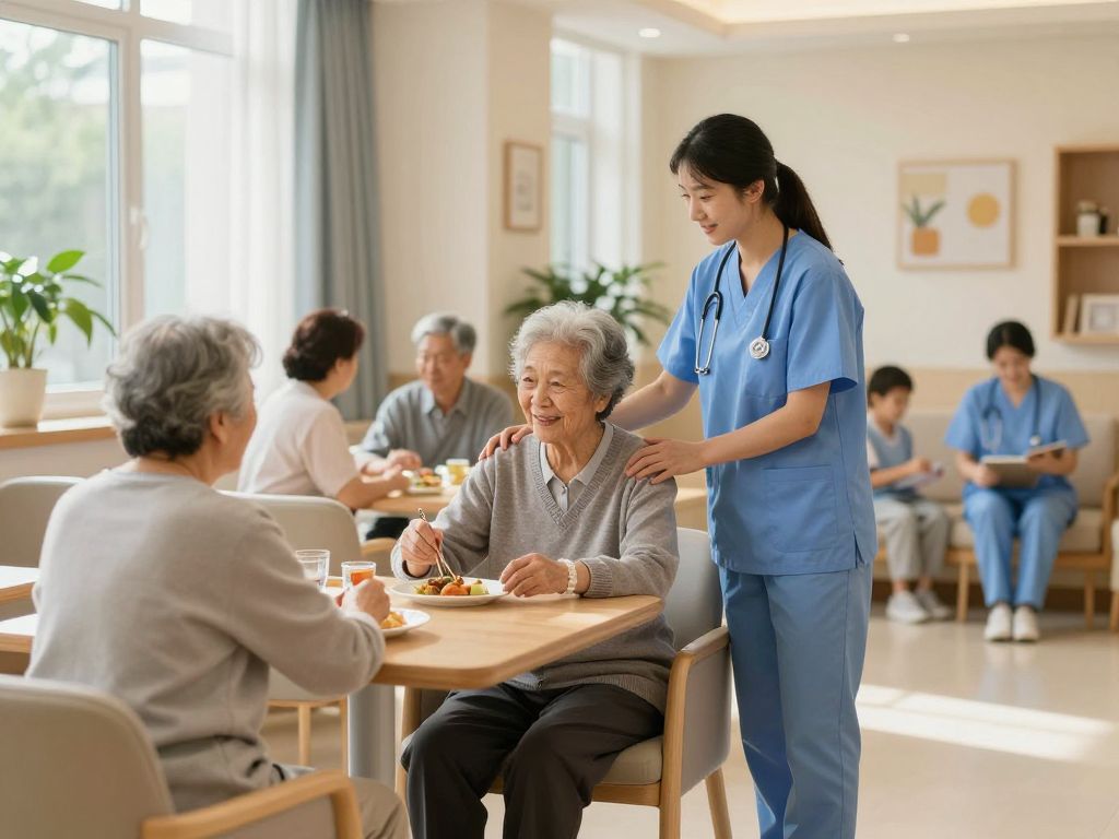 A peaceful nursing home with residents participating in activities.