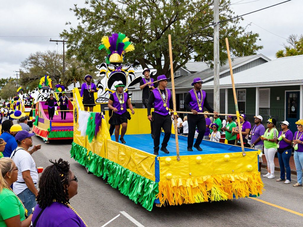 A colorful Mardi Gras parade in Port Royal with festive floats and crowds of people.