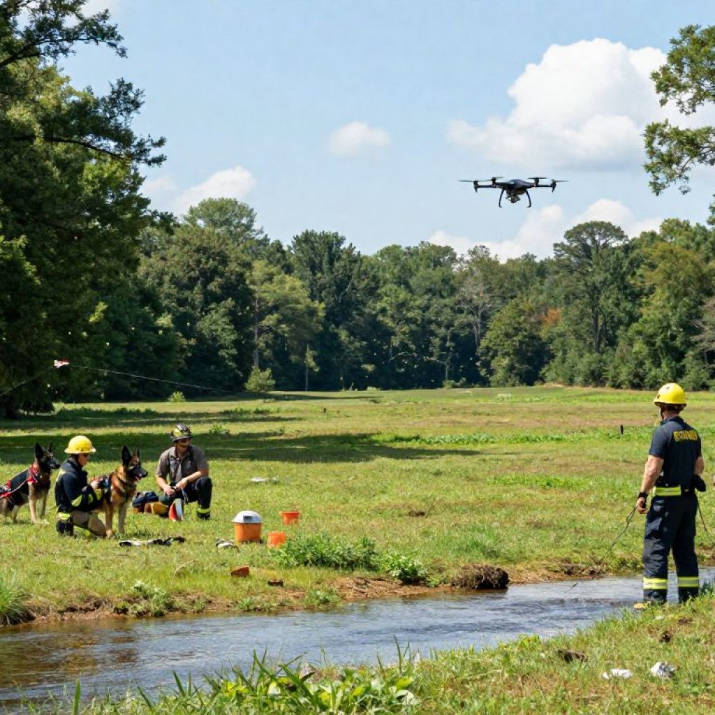 Emergency rescue teams and a drone conducting a search operation in a rural area
