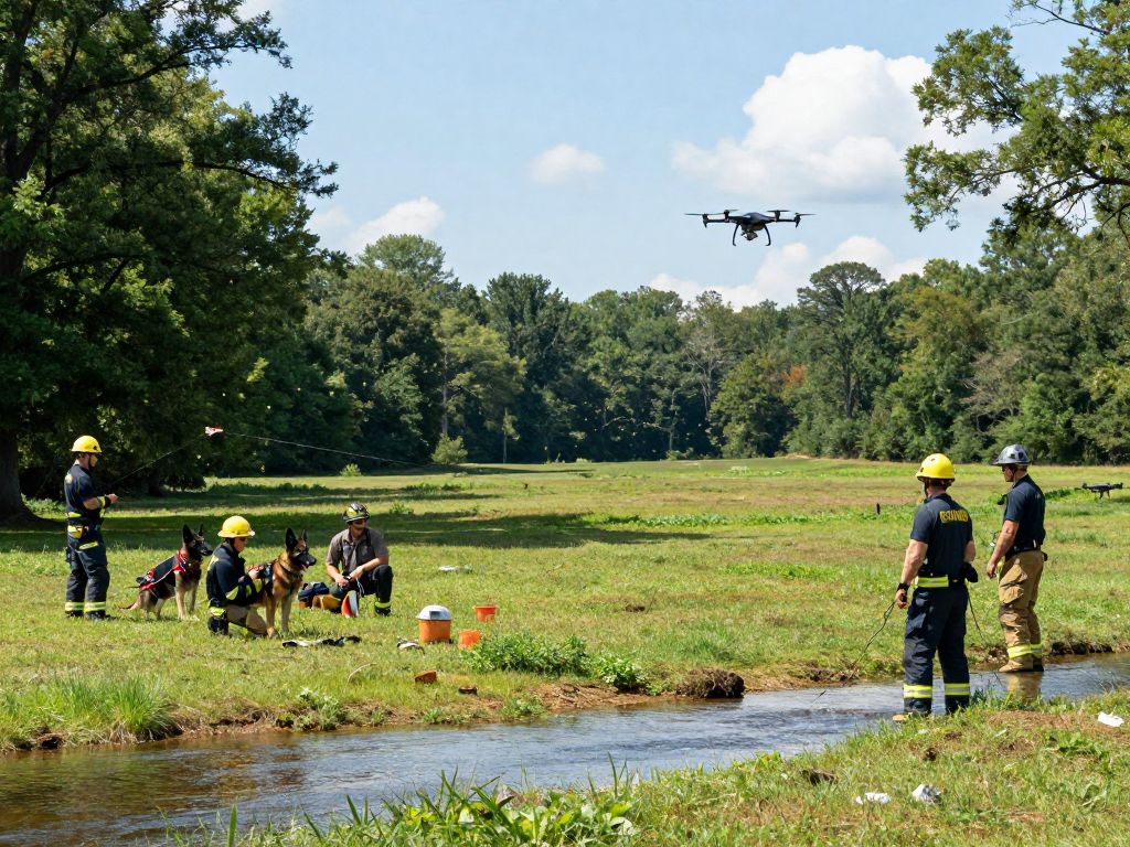 Emergency rescue teams and a drone conducting a search operation in a rural area