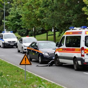 Emergency response vehicles at a traffic accident scene on Bluffton Parkway