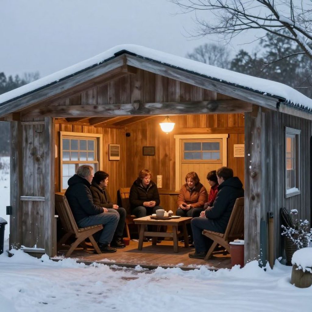 People taking refuge in a warming shelter in cold weather.