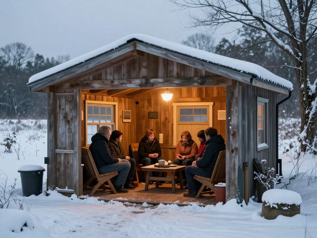People taking refuge in a warming shelter in cold weather.