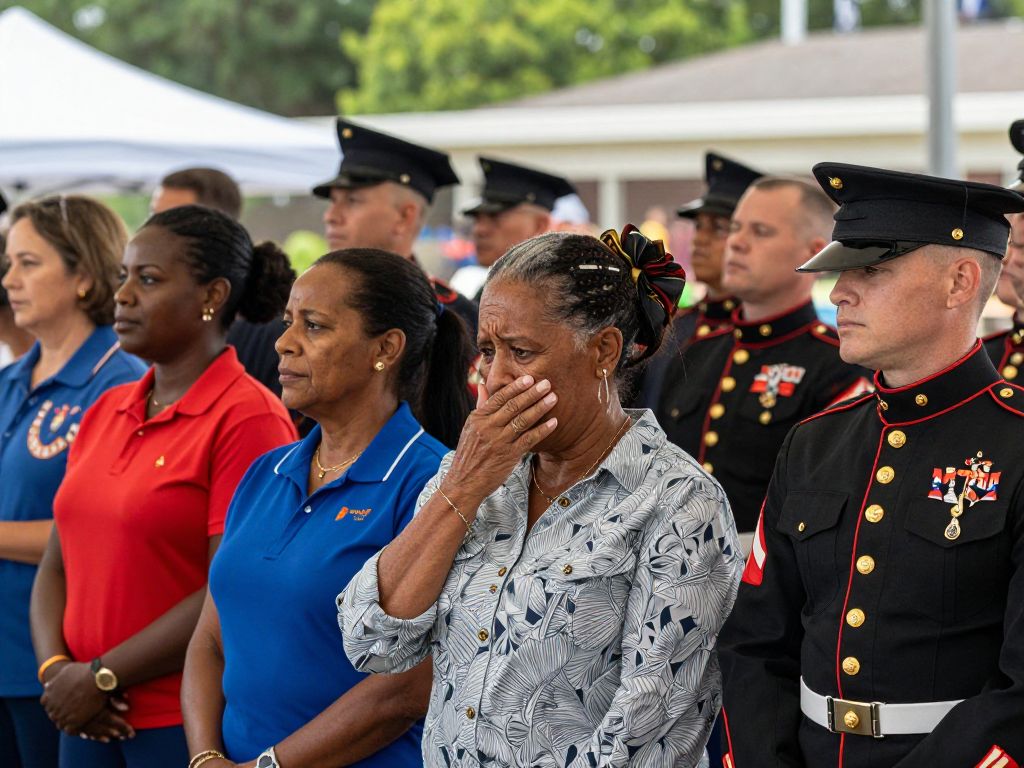 Families attending a Marine Corps graduation at Parris Island, showing diverse emotions.